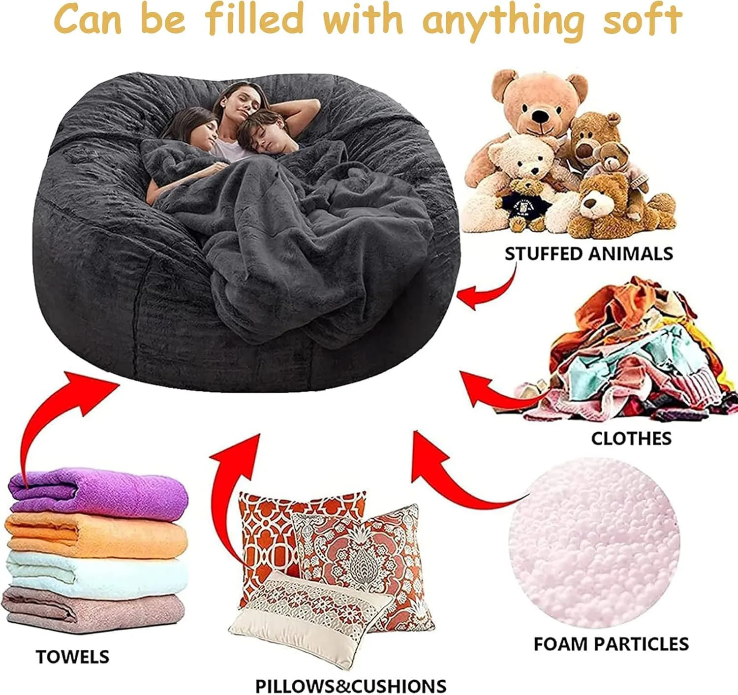 7ft Giant Bean Bag Cover, Big Bean Bag Chairs for Adults (No Filler, Cover only) Comfy Large Bed Fluffy Lazy Sofa (Light Grey)