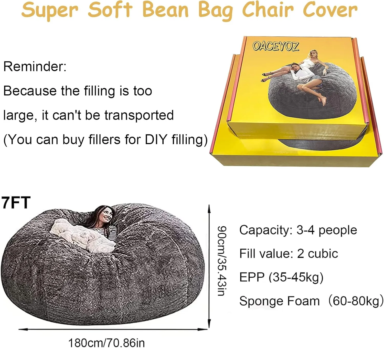 7ft Giant Bean Bag Cover, Big Bean Bag Chairs for Adults (No Filler, Cover only) Comfy Large Bed Fluffy Lazy Sofa (Light Grey)