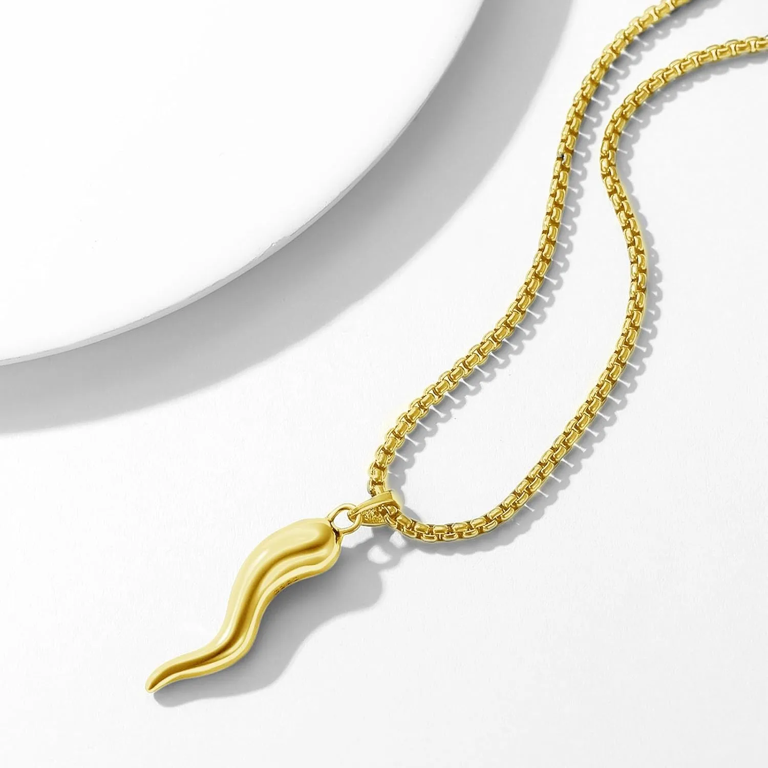925 Sterling Silver Italian Horn Cornicello Lucky Necklace with Stainless Steel Chain 22" 2"