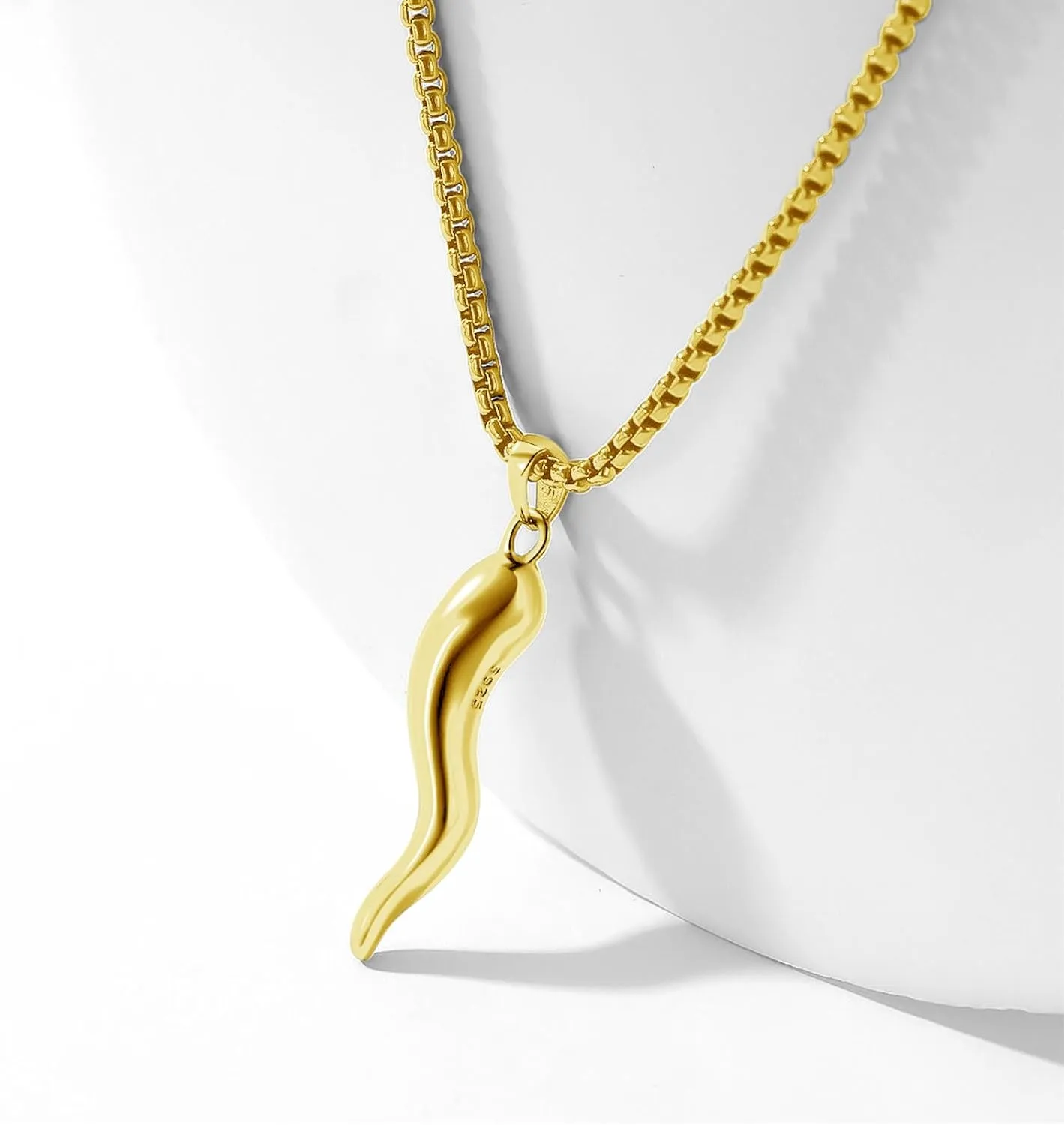 925 Sterling Silver Italian Horn Cornicello Lucky Necklace with Stainless Steel Chain 22" 2"