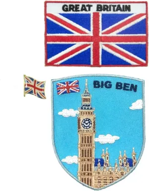 A-ONE 3 PCS Pack-London Big Ben Patch England Flag Patch and Pin, Metal Button Emblem, London Landmark Patch, Vintage Patch, Sew on Iron on Stick on Hats Jeans Computer Bags NO.385B