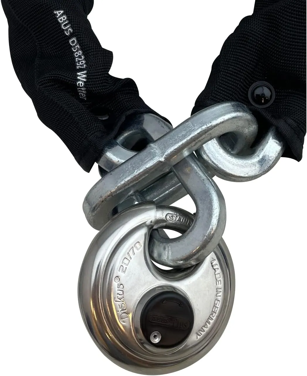 ABUS Hardened Steel 10KS 6 Foot x 5/16" Thick Square Security Chain with ABUS 20/80 Diskus Stainless Steel Padlock with 3/8" Shackle for Bikes, Containers, Trailers, Motorcycles and Personal use…