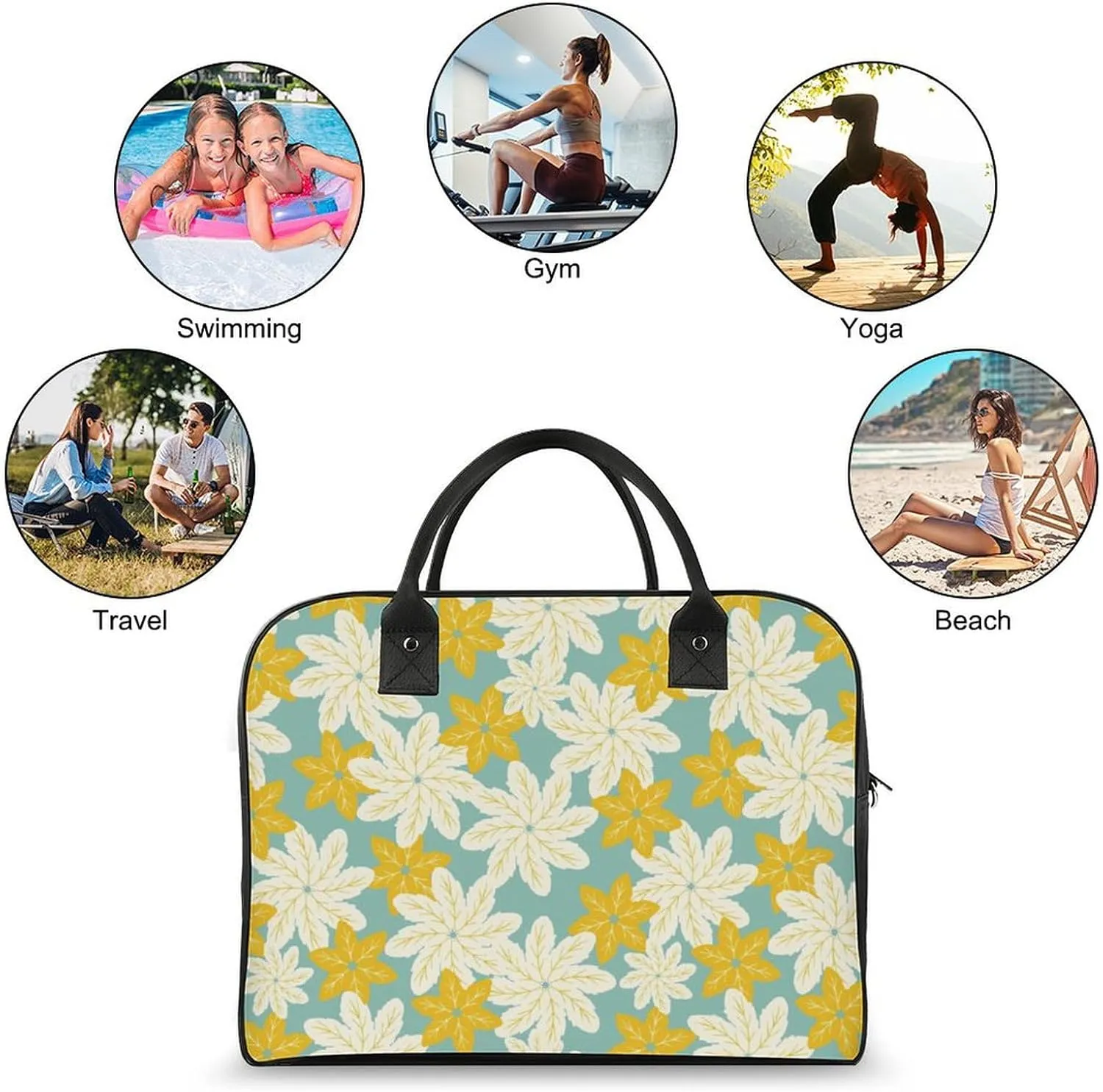 Adult Large Capacity Nylon Yellow Florals Stylish Handbag for Traveling 13" X 19" X 8"