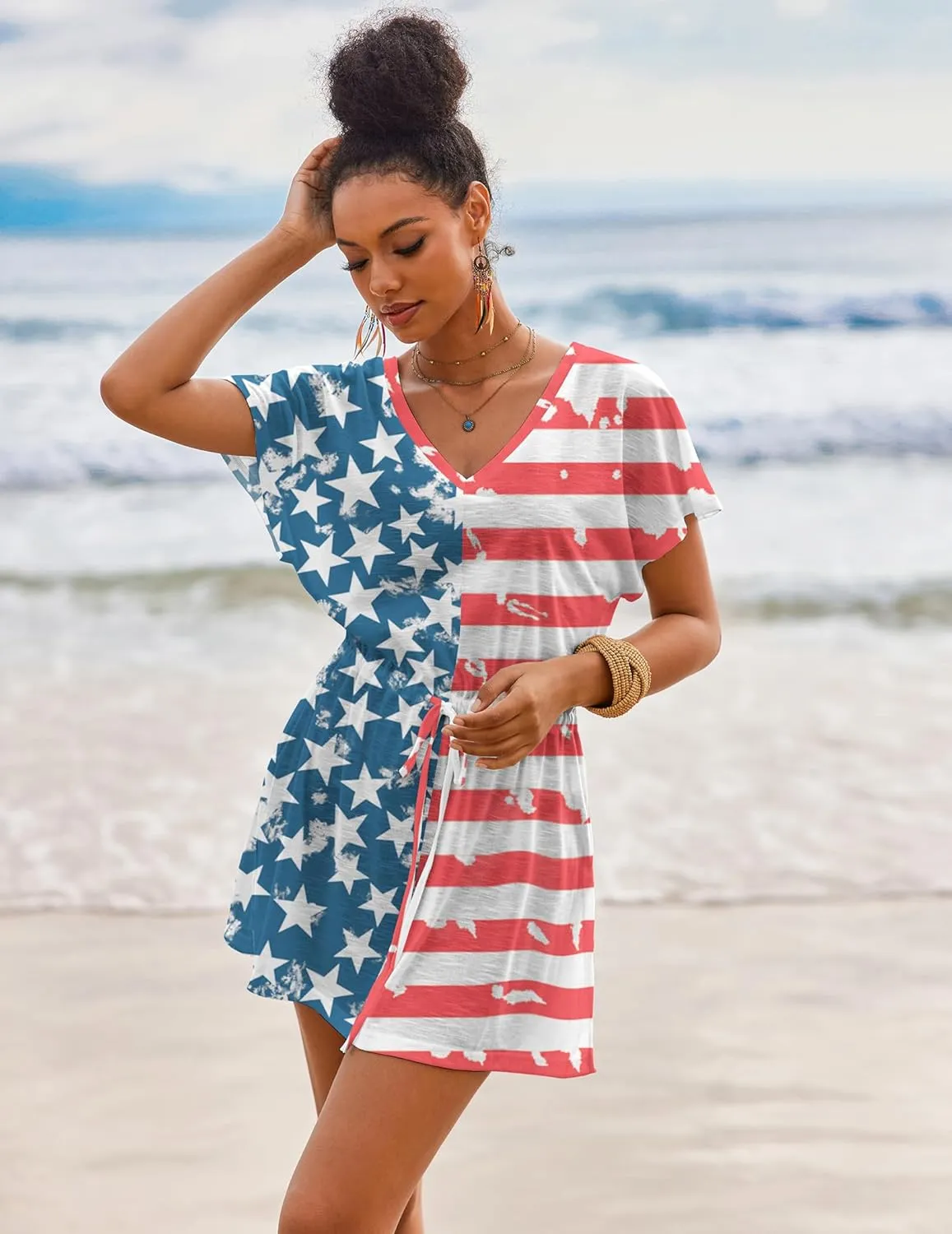 AI'MAGE Women's Swimsuit Cover Up Split Hem Beach Bathing Suit Coverups Dress V-Neck Swimwear with Drawstring