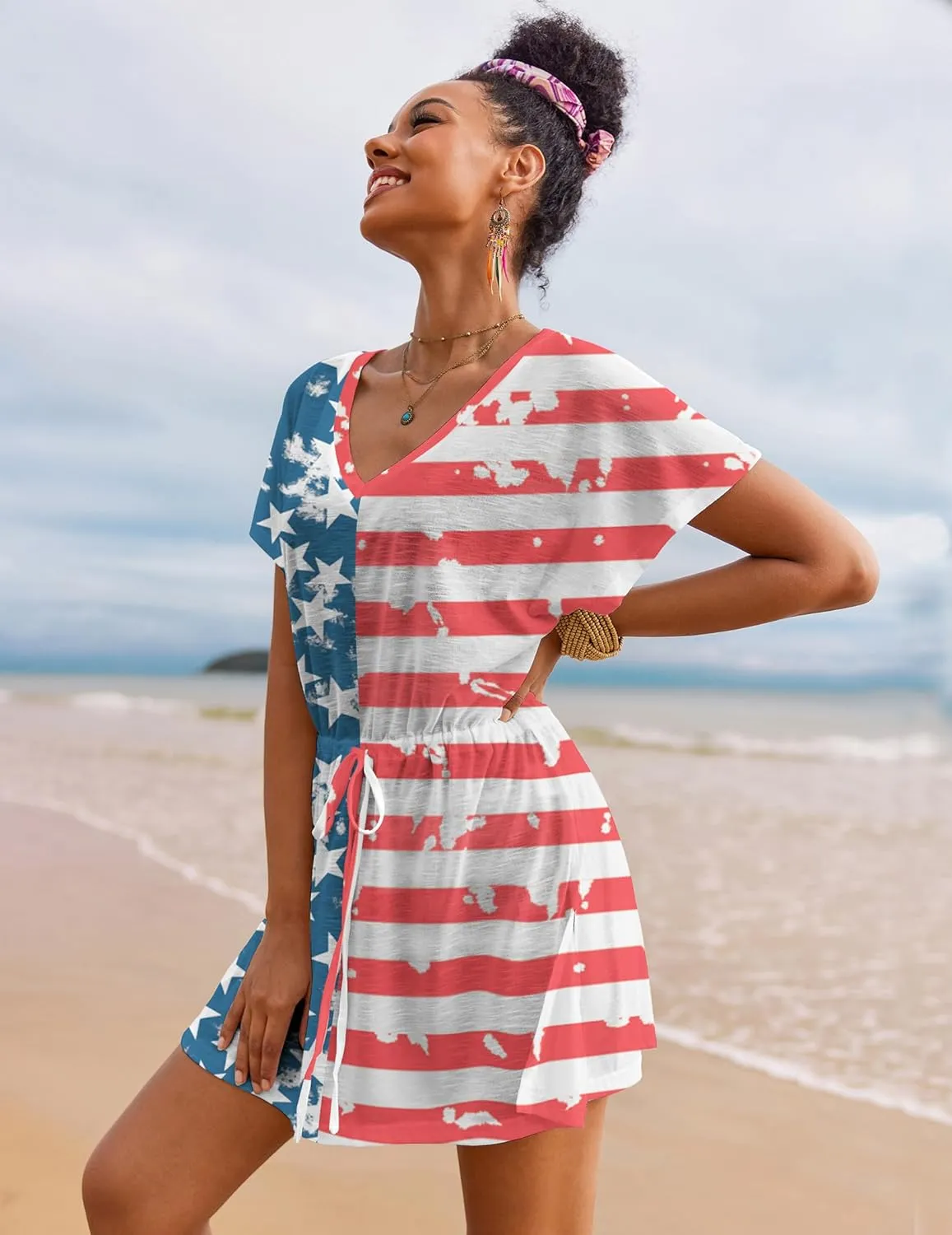 AI'MAGE Women's Swimsuit Cover Up Split Hem Beach Bathing Suit Coverups Dress V-Neck Swimwear with Drawstring