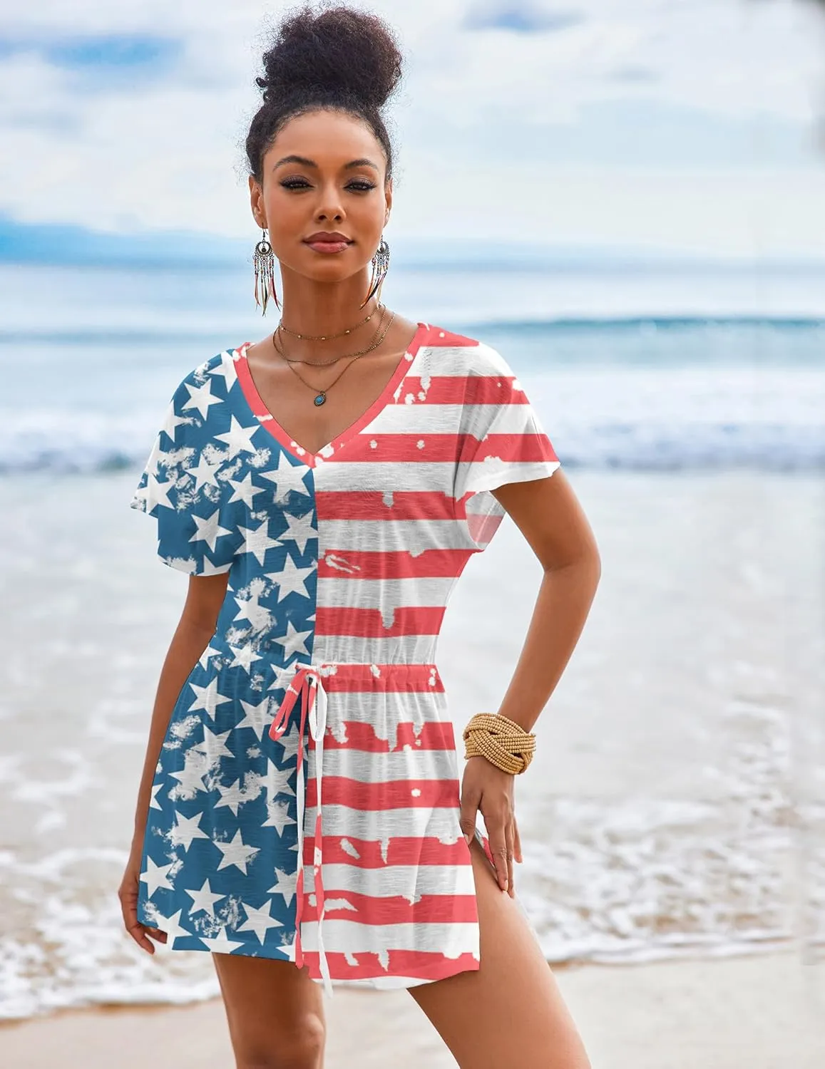 AI'MAGE Women's Swimsuit Cover Up Split Hem Beach Bathing Suit Coverups Dress V-Neck Swimwear with Drawstring