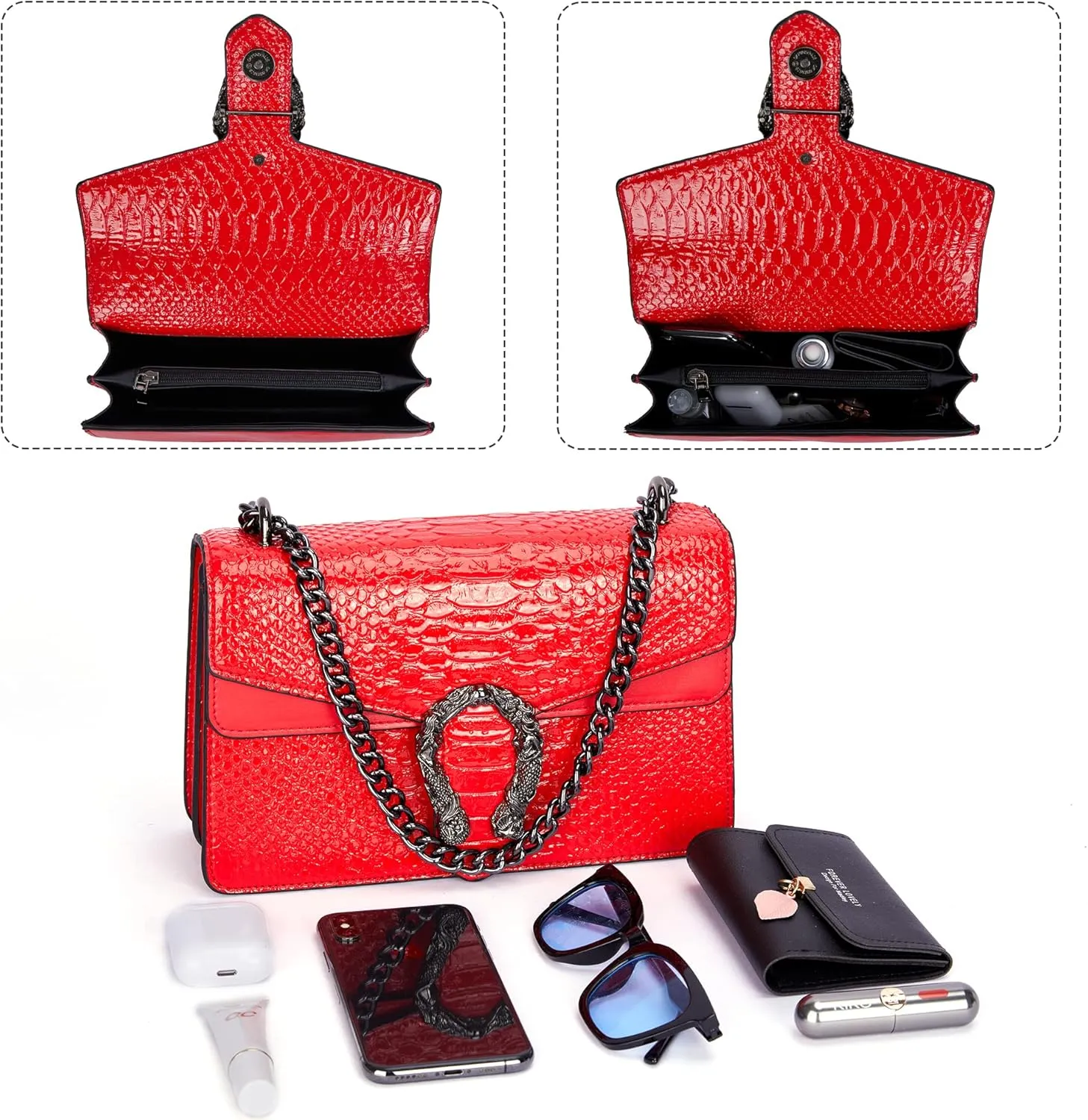Aiqudou Crossbody Bag and Satchel Purse for Women - Fashion Snake Print Chain Purse Luxury PU Leather HandBag