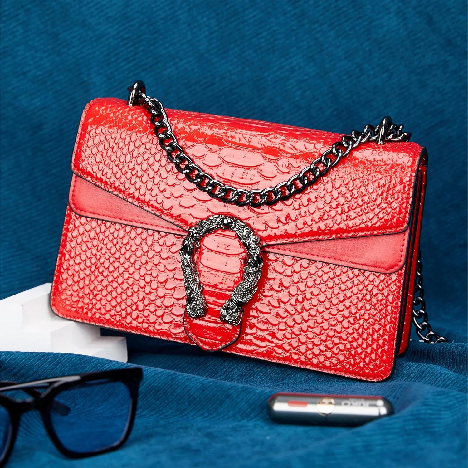 Aiqudou Crossbody Bag and Satchel Purse for Women - Fashion Snake Print Chain Purse Luxury PU Leather HandBag