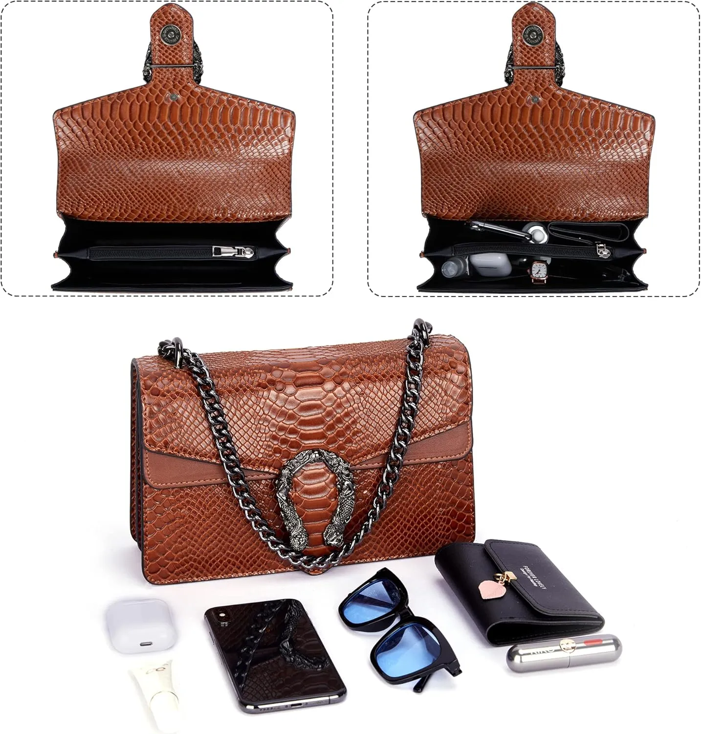 Aiqudou Crossbody Bag and Satchel Purse for Women - Fashion Snake Print Chain Purse Luxury PU Leather HandBag
