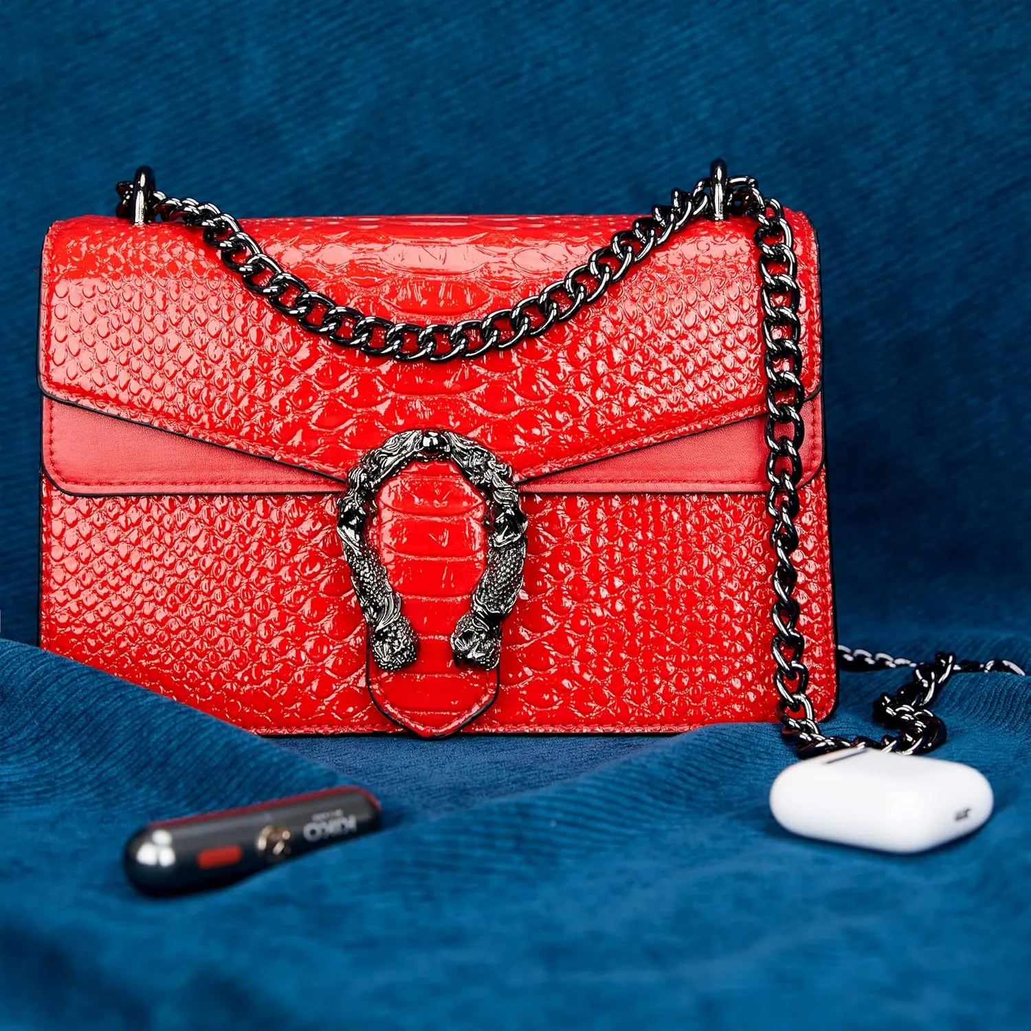 Aiqudou Crossbody Bag and Satchel Purse for Women - Fashion Snake Print Chain Purse Luxury PU Leather HandBag