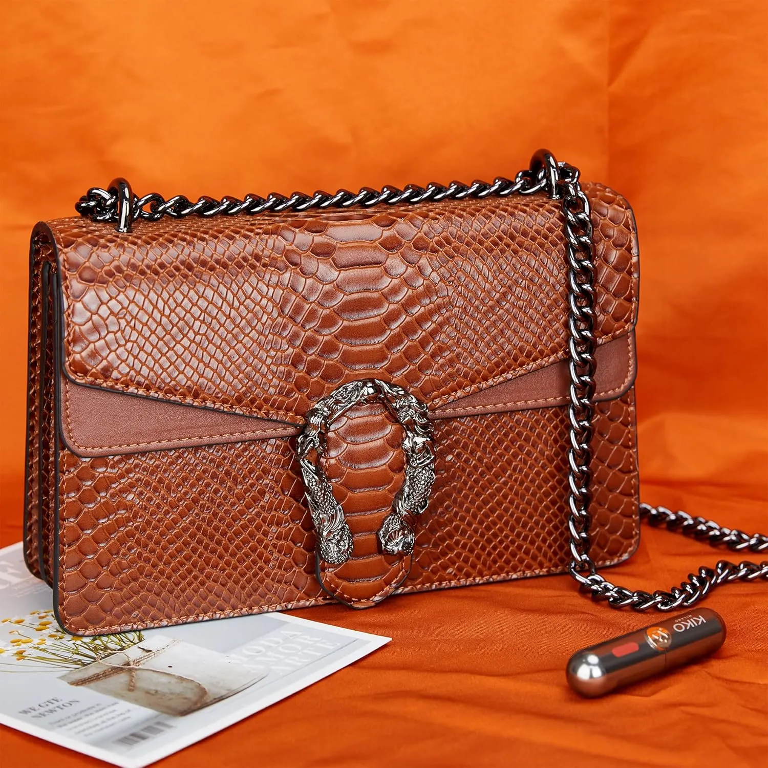 Aiqudou Crossbody Bag and Satchel Purse for Women - Fashion Snake Print Chain Purse Luxury PU Leather HandBag