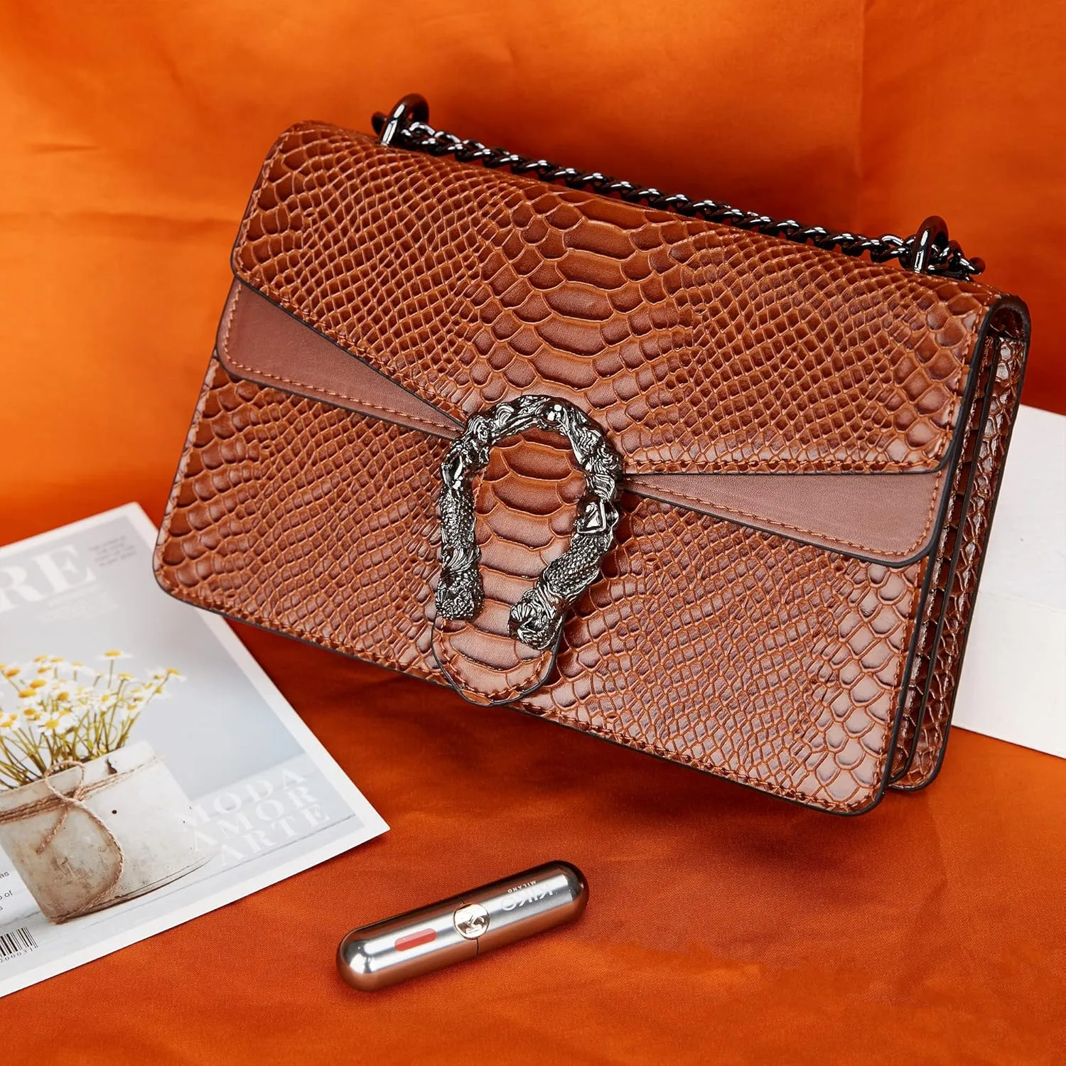 Aiqudou Crossbody Bag and Satchel Purse for Women - Fashion Snake Print Chain Purse Luxury PU Leather HandBag