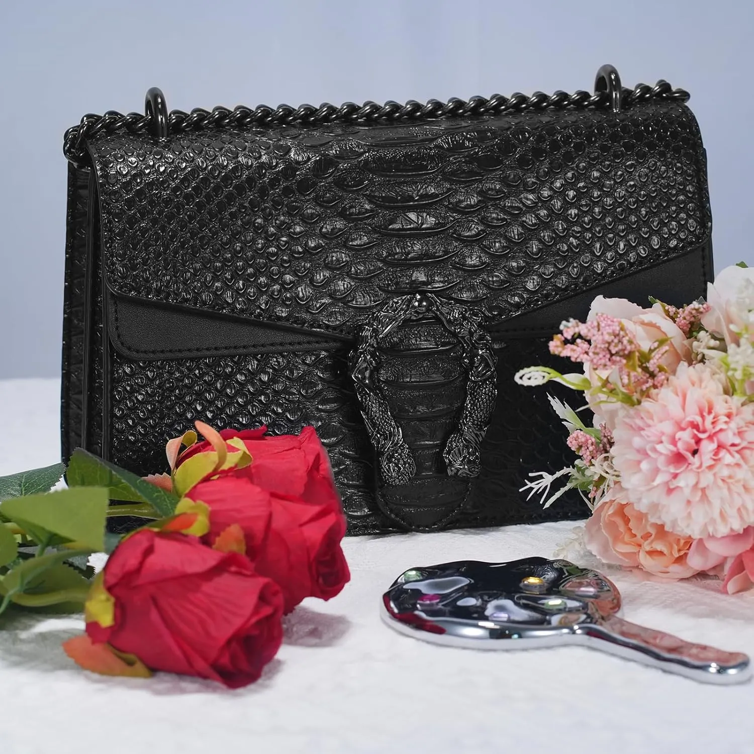 Aiqudou Crossbody Bag and Satchel Purse for Women - Fashion Snake Print Chain Purse Luxury PU Leather HandBag