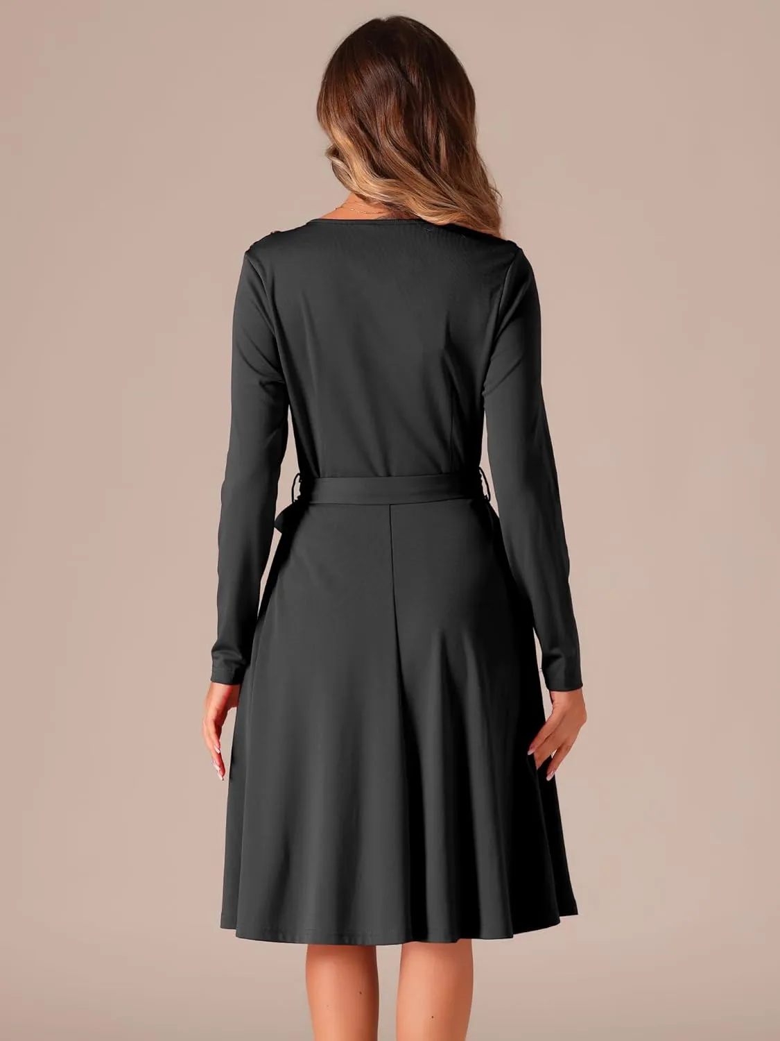 Allegra K A Line Dresses for Women 2024 Long Sleeve Tie Waist Pleated Business Casual Dress with Pockets