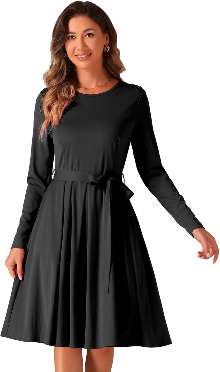 Allegra K A Line Dresses for Women 2024 Long Sleeve Tie Waist Pleated Business Casual Dress with Pockets