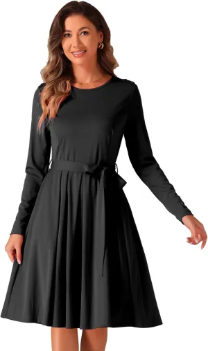 Allegra K A Line Dresses for Women 2024 Long Sleeve Tie Waist Pleated Business Casual Dress with Pockets