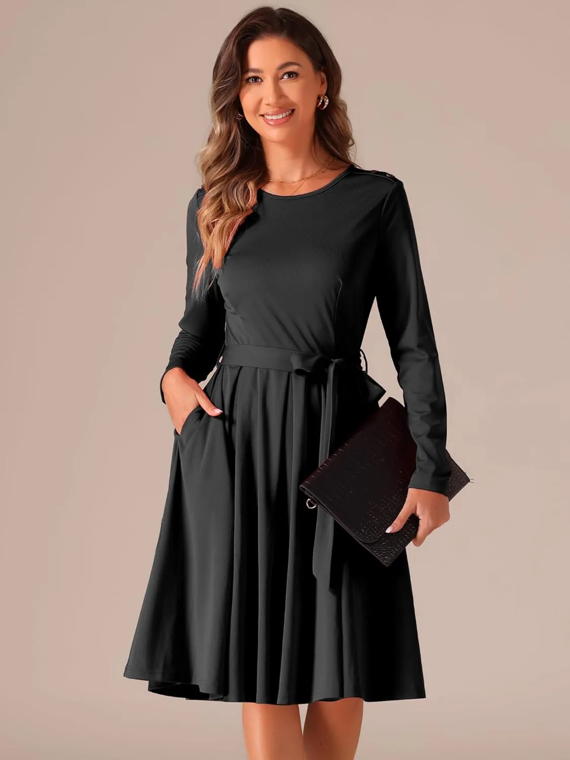 Allegra K A Line Dresses for Women 2024 Long Sleeve Tie Waist Pleated Business Casual Dress with Pockets