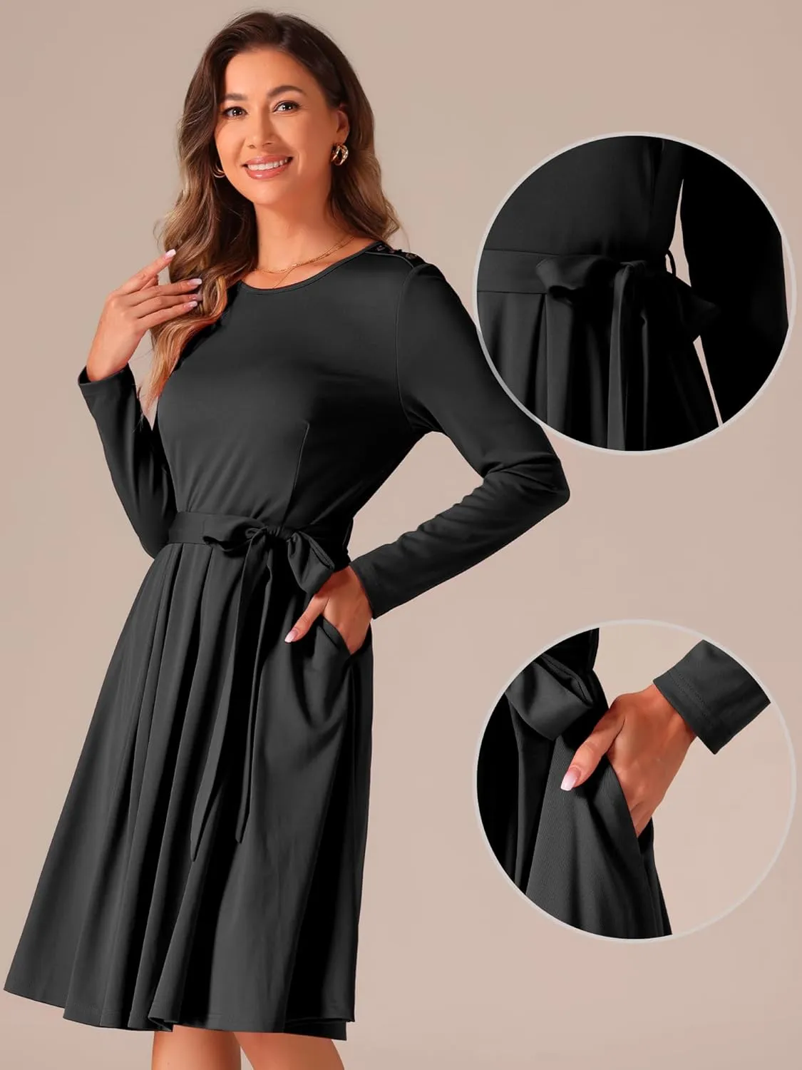 Allegra K A Line Dresses for Women 2024 Long Sleeve Tie Waist Pleated Business Casual Dress with Pockets
