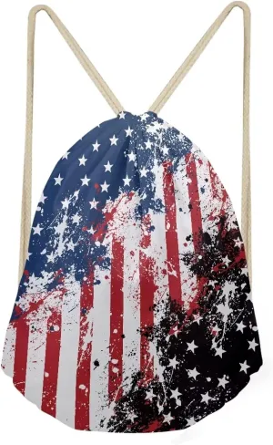 American Flag Drawstring Backpack Lightweight Sport Gympack Casual Beach Daypack for Women Men Small String Bags