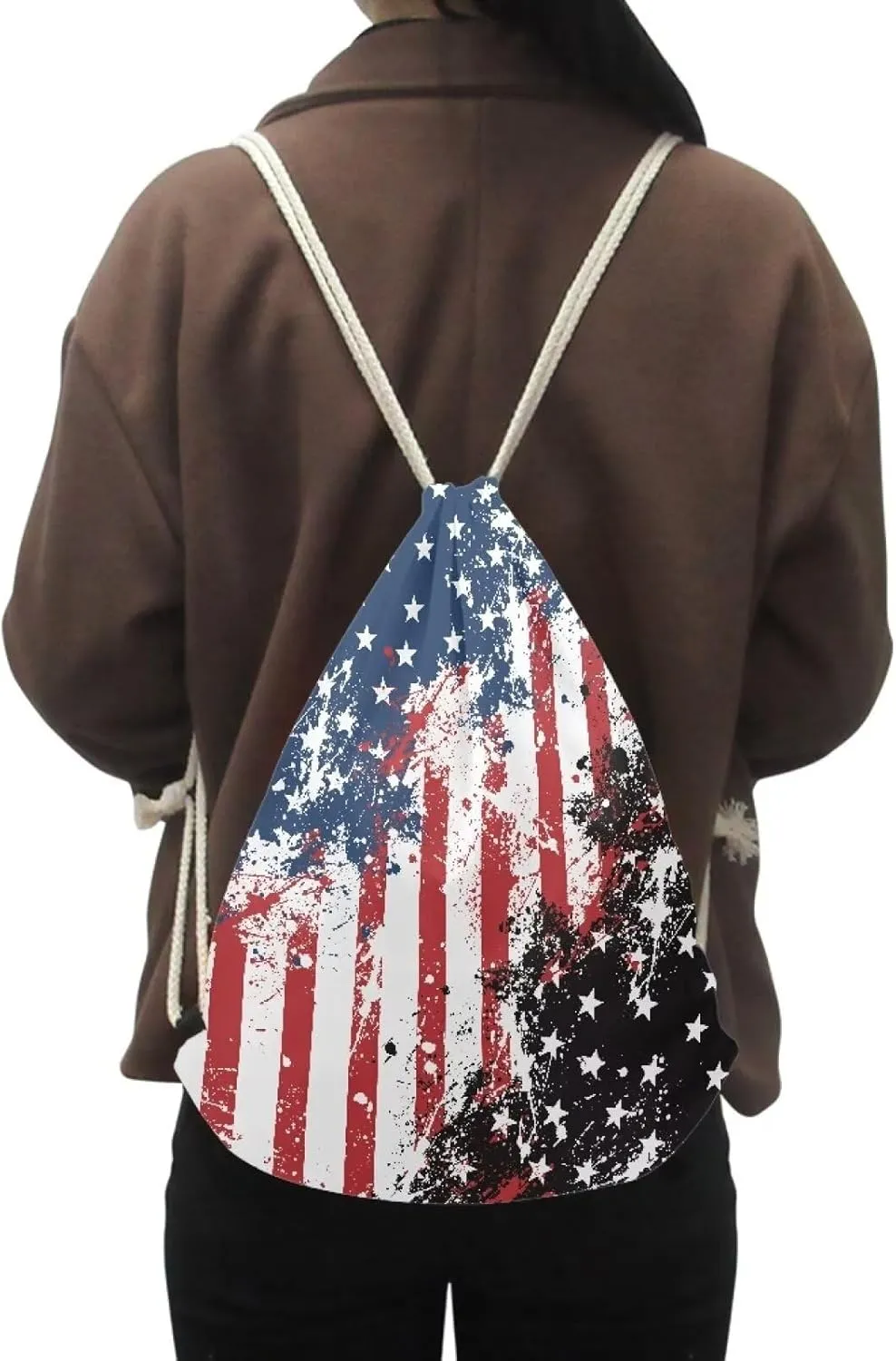 American Flag Drawstring Backpack Lightweight Sport Gympack Casual Beach Daypack for Women Men Small String Bags