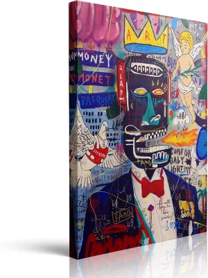 Amovlov Stunning Banksy Wall Art & Basquiat Canvas Decor - Vibrant Graffiti Art Poster For Modern Wall Decor Ready To Hang (12"x16")