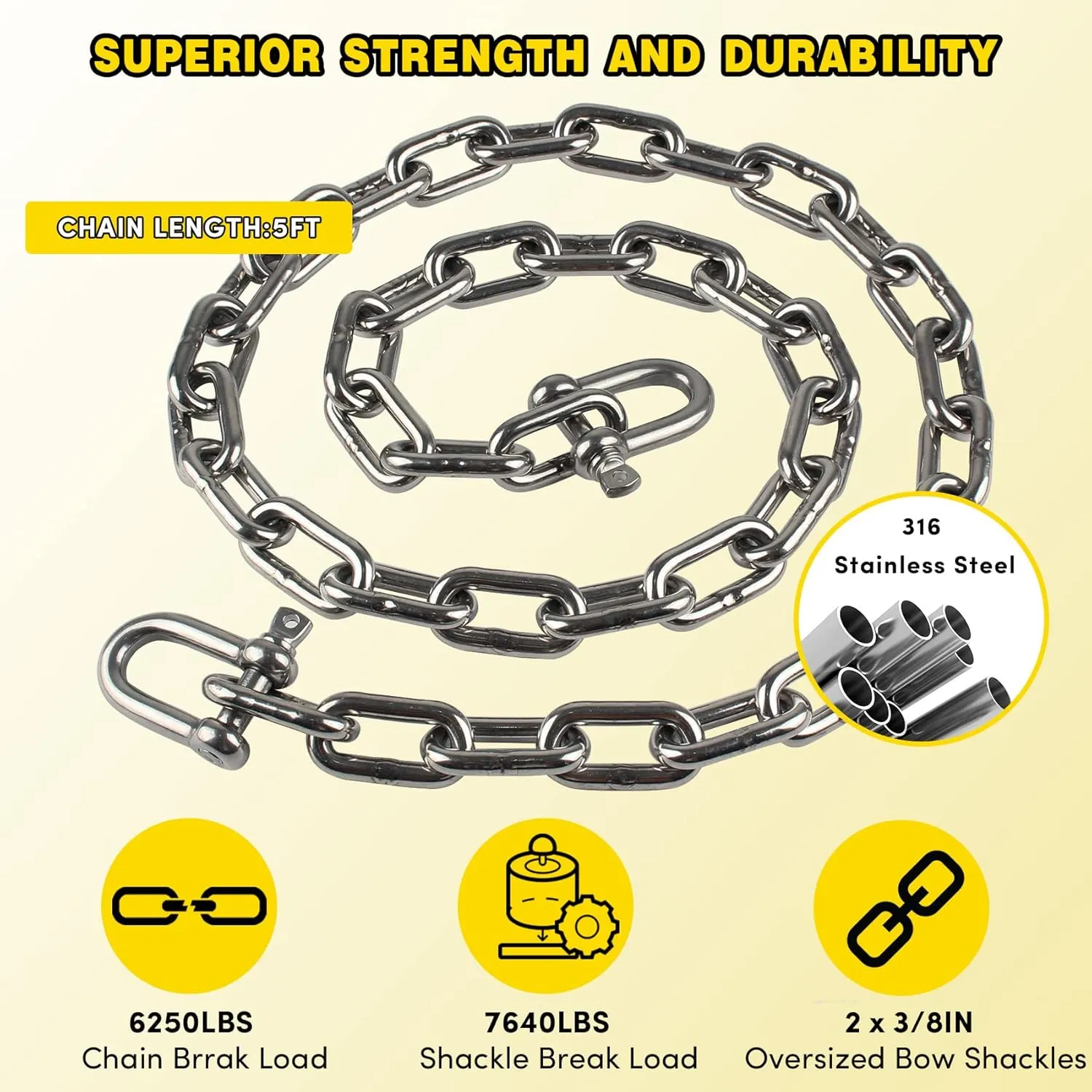Anchor Chain,316 Stainless Steel Boat Anchor Chain, Anchor Chain for Boats with 2 Pcs Shackles,Marine Grade(3 Size)