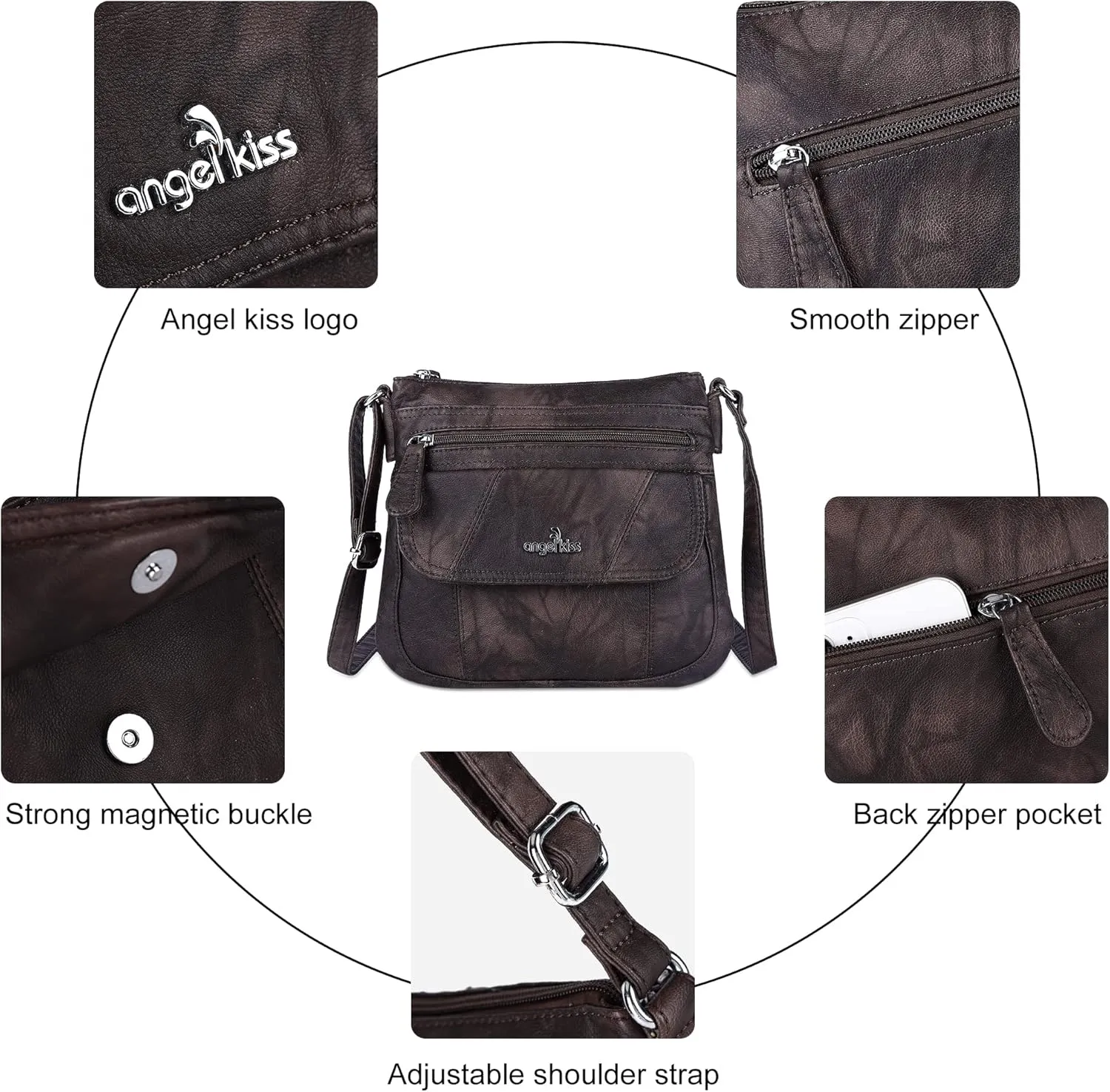 Angelkiss Small Womens Crossbody Bag Leather Shoulder Purse for Women Hobo Bag with Adjustable Shoulder Strap