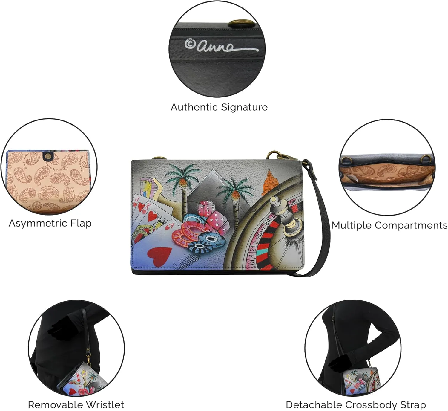 Anna by Anuschka Women's Hand-Painted Genuine Leather 4-In-1 Organizer Crossbody/Belt Bag/Clutch/Wristlet
