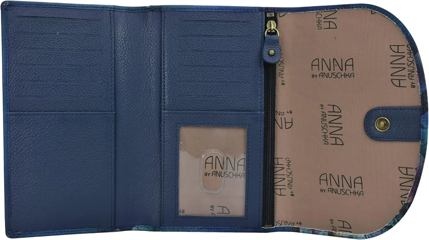 Anna by Anuschka Women's Ladies Tri Geniune Leather Hand Painted Large Three Fold Checkbook Clutch Wallet-Romantic Rose Black