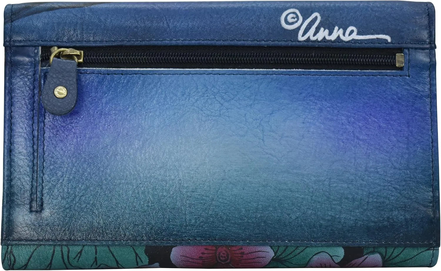 Anna by Anuschka Women's Ladies Tri Geniune Leather Hand Painted Large Three Fold Checkbook Clutch Wallet-Romantic Rose Black