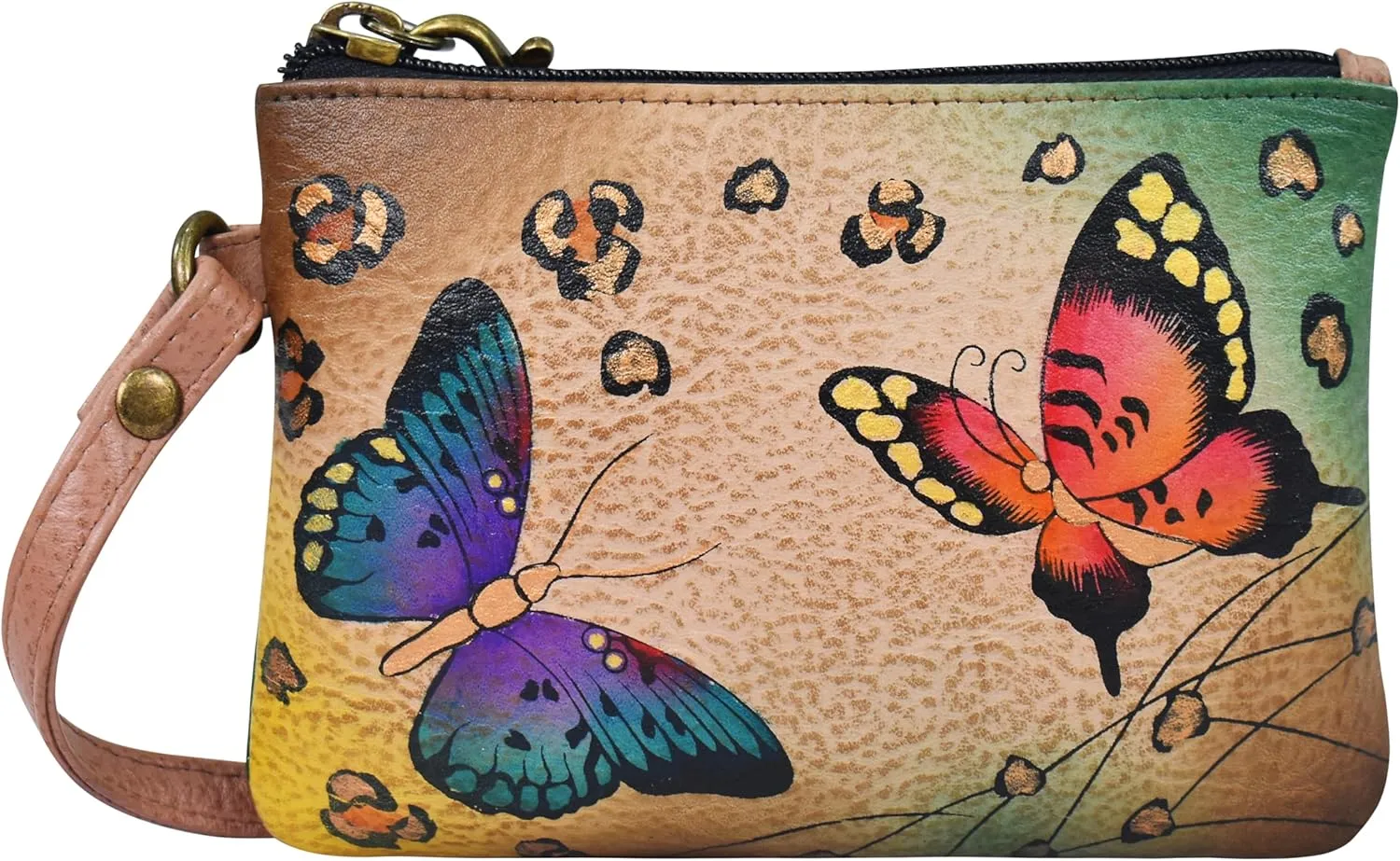 Anna by Anuschka Women's Original Leather Hand-Painted Coin Purse Zippered Pouch with a Top Zip Entry and Detachable Wrist Strap