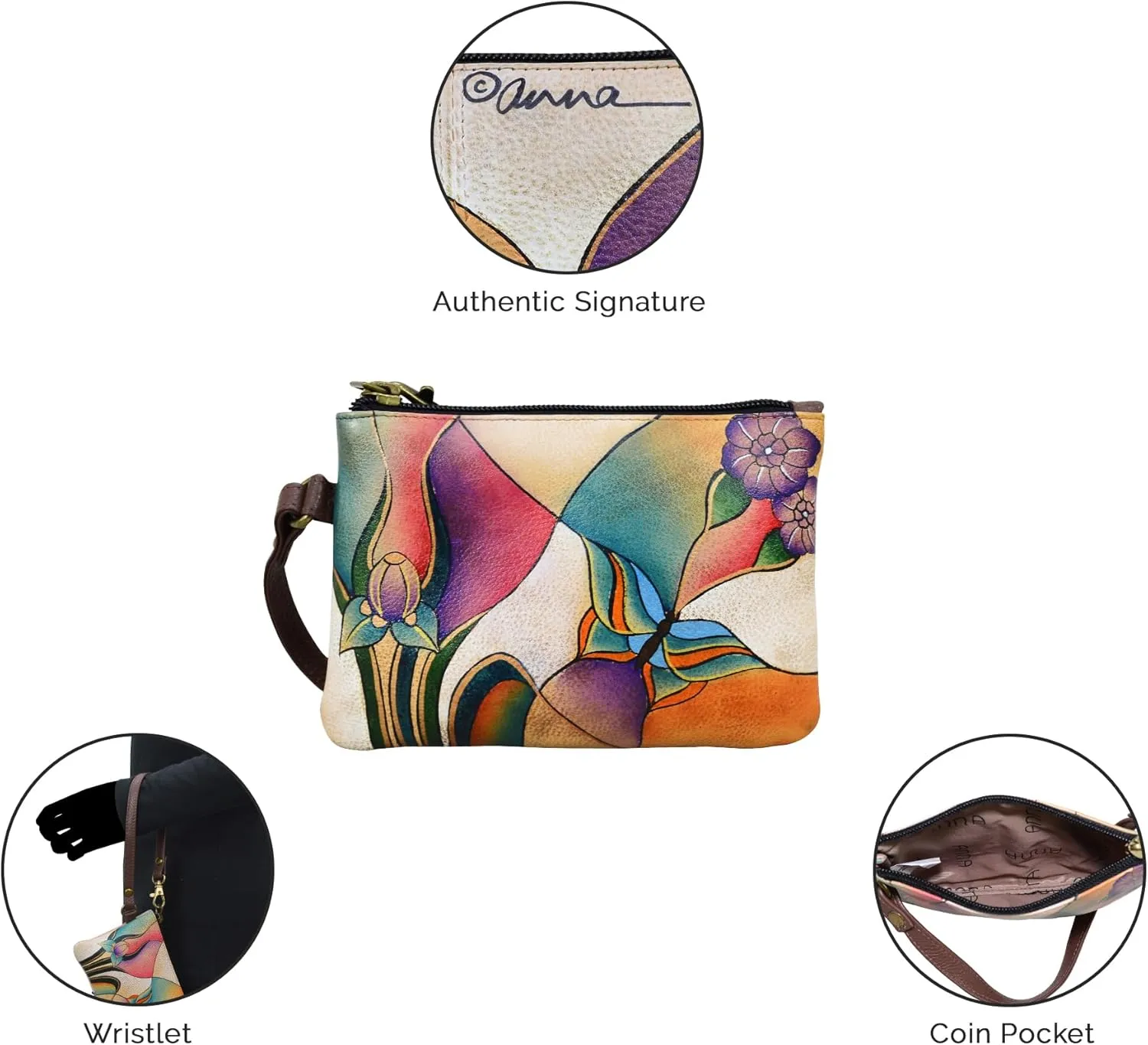 Anna by Anuschka Women's Original Leather Hand-Painted Coin Purse Zippered Pouch with a Top Zip Entry and Detachable Wrist Strap