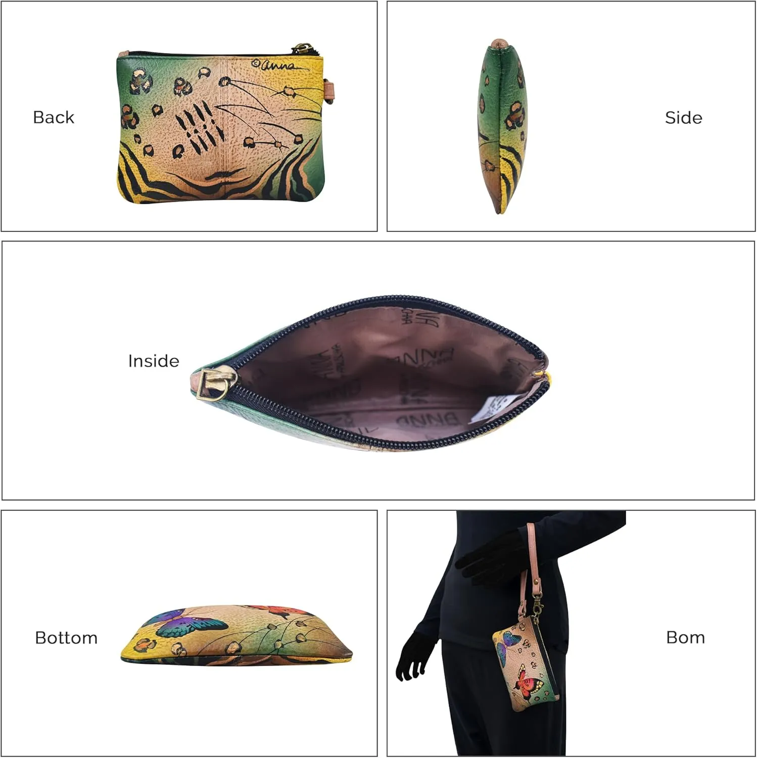 Anna by Anuschka Women's Original Leather Hand-Painted Coin Purse Zippered Pouch with a Top Zip Entry and Detachable Wrist Strap