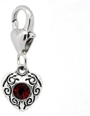 Antique Silver January Rhinestone Heart Clip On Charms. Fits Thomas Sabo 26x10mm DIY