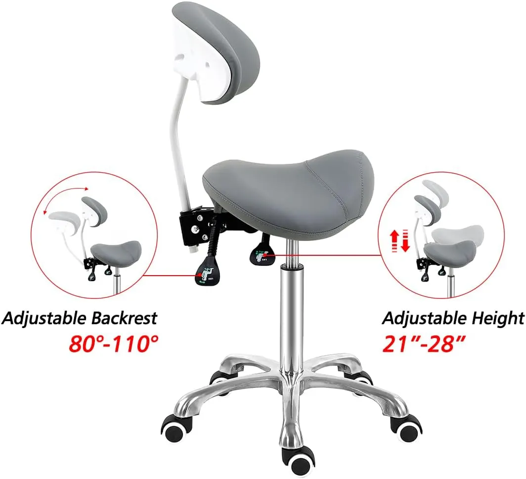 Antlu Saddle Stool Chair with Back Support - Ergonomic Esthetician Seat Saddle Stool for Salon Tattoo Spa Medical Dentist Clinic (with Backrest, Grey)