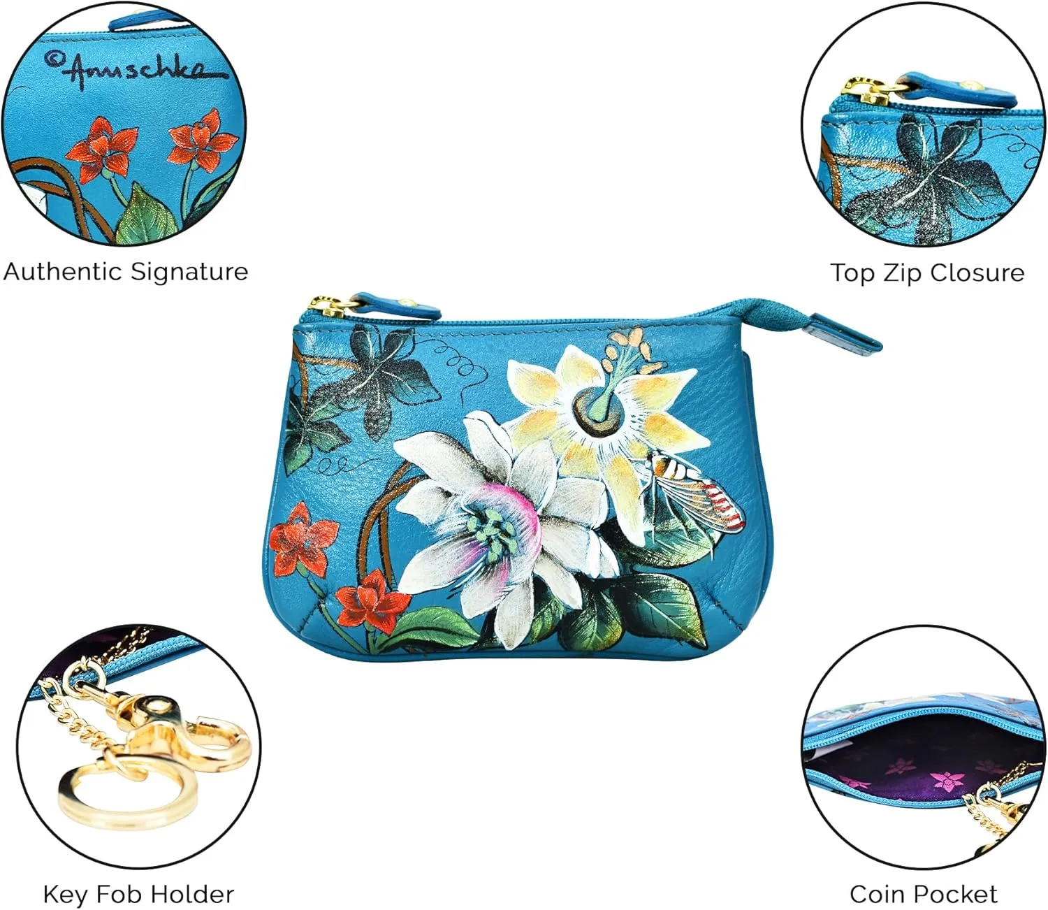 Anuschka Women’s Hand-Painted Genuine Leather Medium Zip Pouch - Coin and Key Pouch - Zippered, 2 Key Fobs