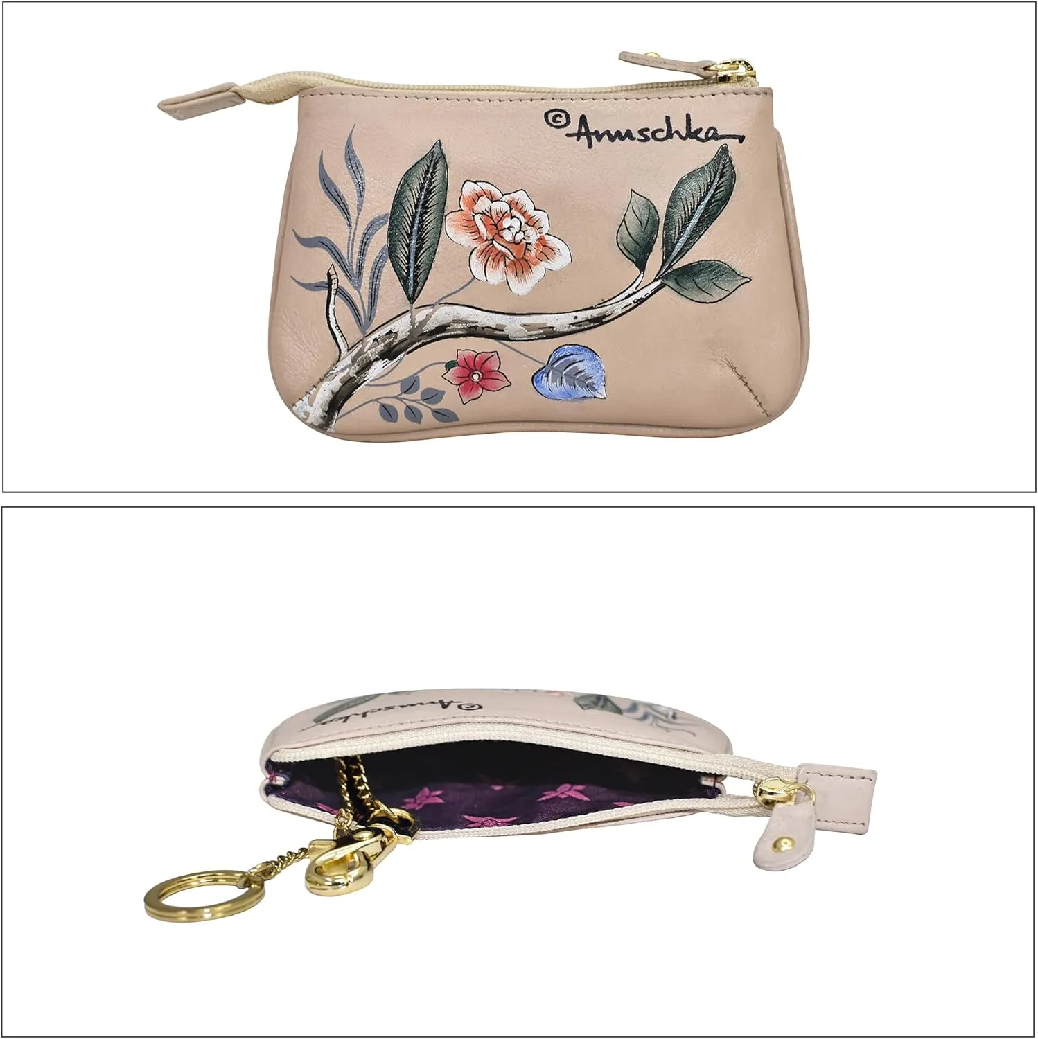 Anuschka Women’s Hand-Painted Genuine Leather Medium Zip Pouch - Coin and Key Pouch - Zippered, 2 Key Fobs