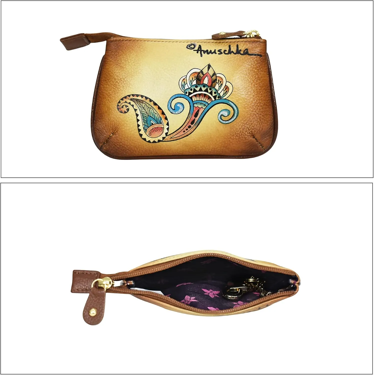 Anuschka Women’s Hand-Painted Genuine Leather Medium Zip Pouch - Coin and Key Pouch - Zippered, 2 Key Fobs