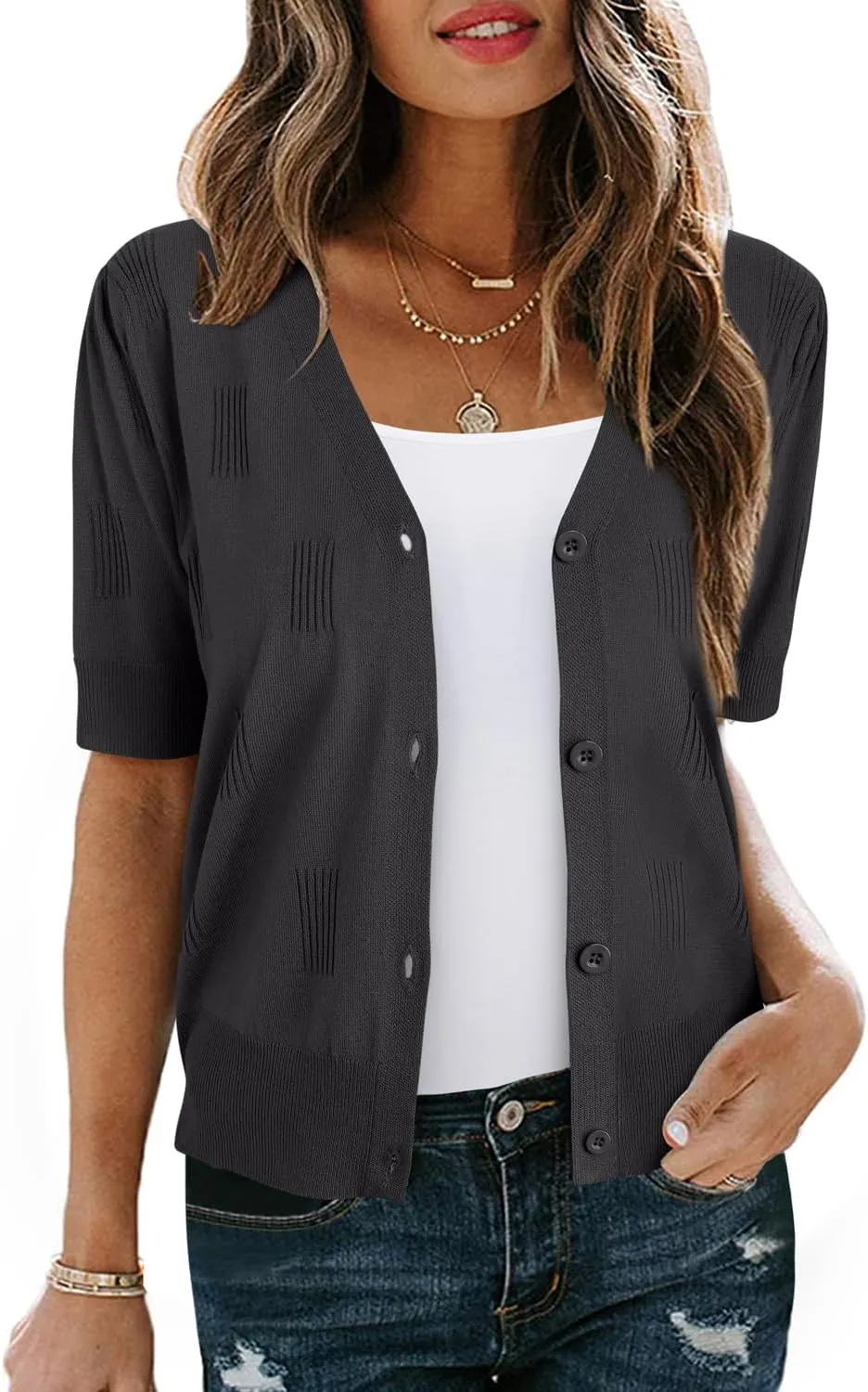 Arach&Cloz Women's Lightweight Summer Business Casual Cropped Short Sleeve Cardigan