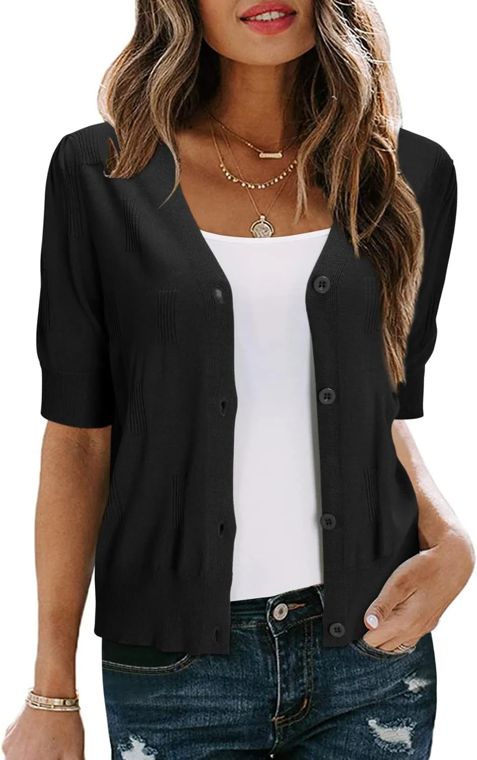Arach&Cloz Women's Lightweight Summer Business Casual Cropped Short Sleeve Cardigan