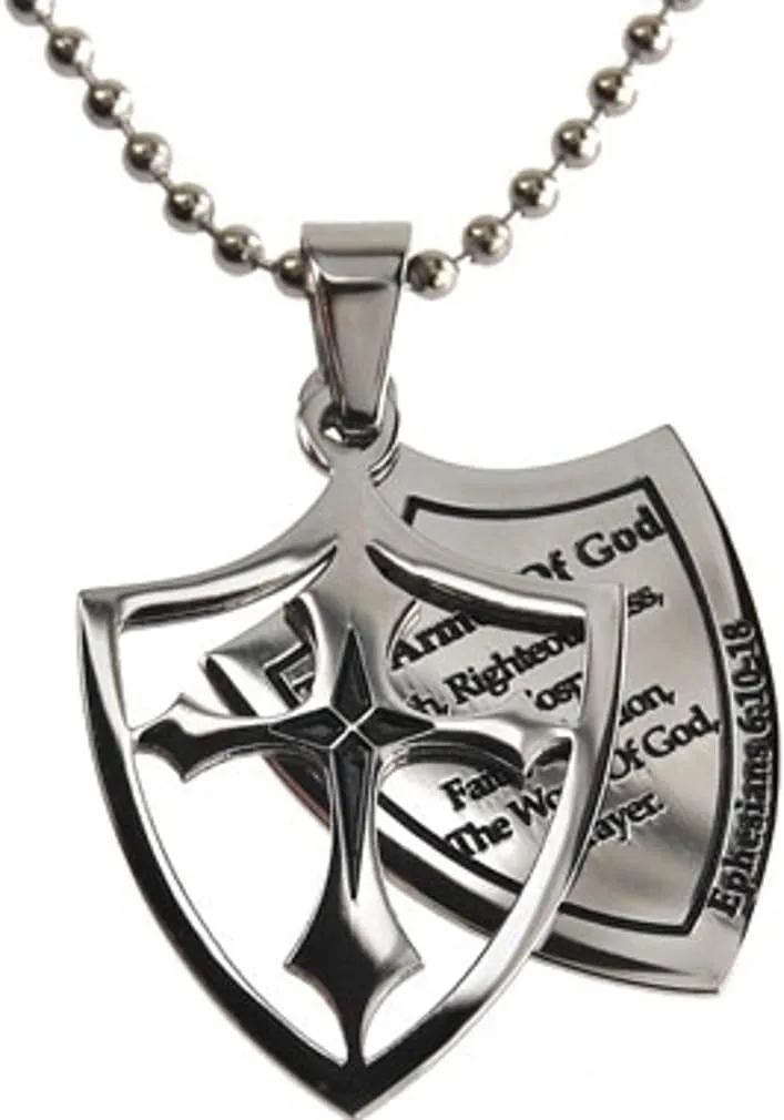 Armor of God Necklace Two Piece Cross Shield, Ephesians 6 Christian Attributes, Stainless Steel Ball Chain