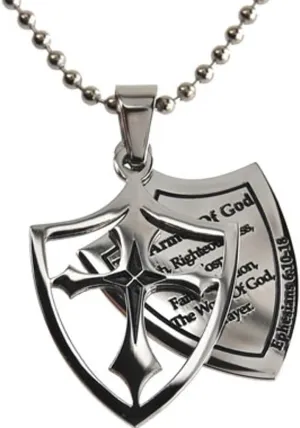 Armor of God Necklace Two Piece Cross Shield, Ephesians 6 Christian Attributes, Stainless Steel Ball Chain