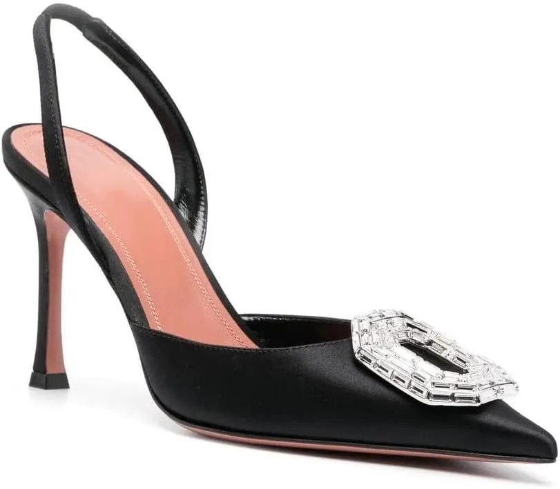 Arqa Women's Satin Slingback Pumps Pointed Toe Crystal-Embellished High Heels Dressy Stilettos Wedding Heeled Sandals