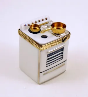 Authentic French Porcelain Hand Painted Limoges Box Detailed Range Stove with Pot and Pan