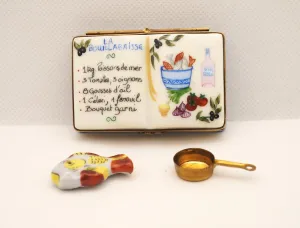 Authentic French Porcelain Mother's Day Hand Painted Limoges box La Bouillabaisse Recipe Book with Removable Fish Pot