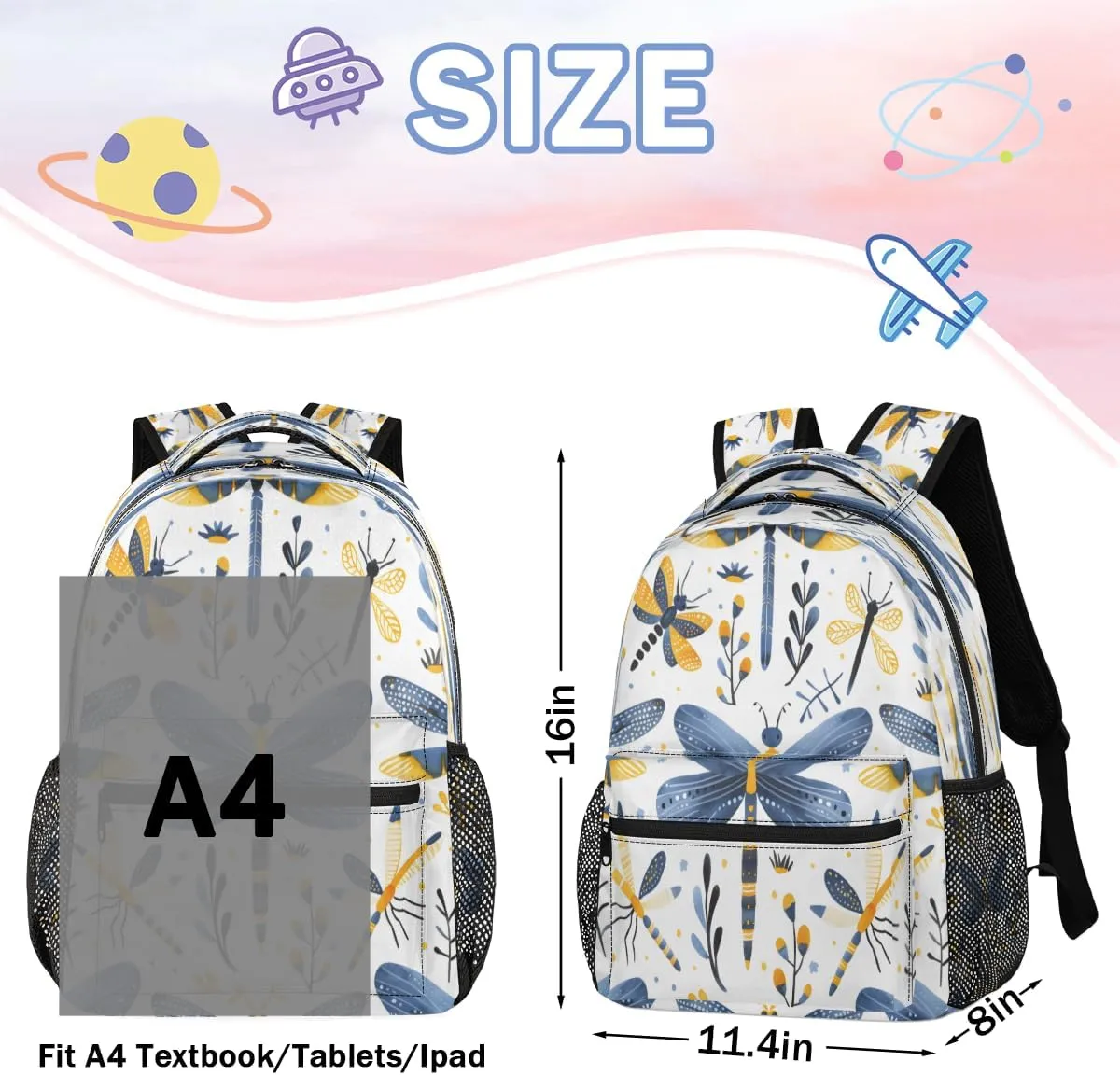 Backpack for Women Men, Waterproof Dragonfly Wildflowers Casual Back Packs, Lightweight Farmhouse Dragonfly Daypack Bags for Travel Camping Work