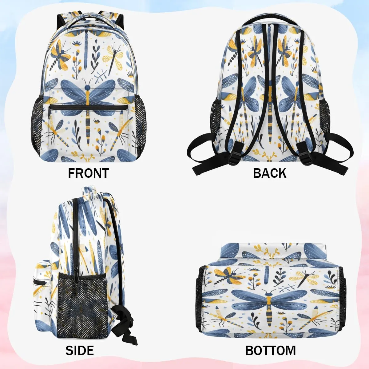 Backpack for Women Men, Waterproof Dragonfly Wildflowers Casual Back Packs, Lightweight Farmhouse Dragonfly Daypack Bags for Travel Camping Work