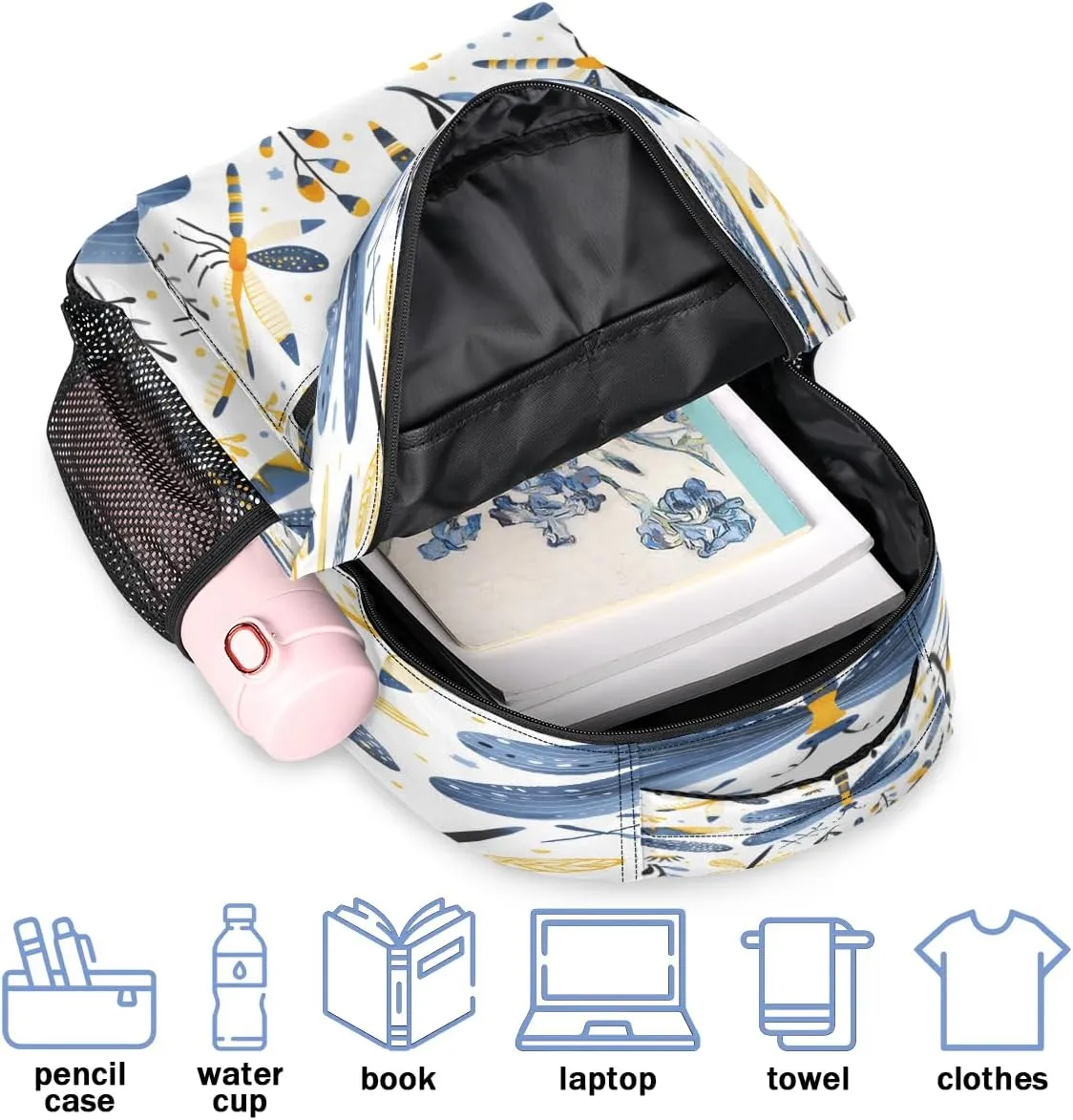 Backpack for Women Men, Waterproof Dragonfly Wildflowers Casual Back Packs, Lightweight Farmhouse Dragonfly Daypack Bags for Travel Camping Work