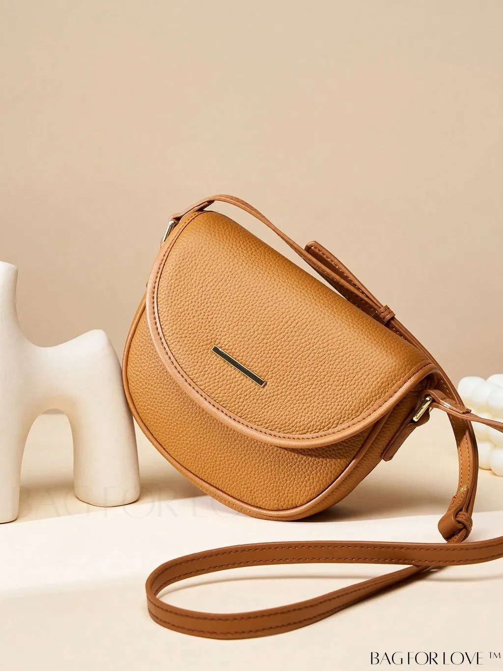 BagForLove - Embossed Genuine Leather Mini Flap Saddle Bag with Metal Decor