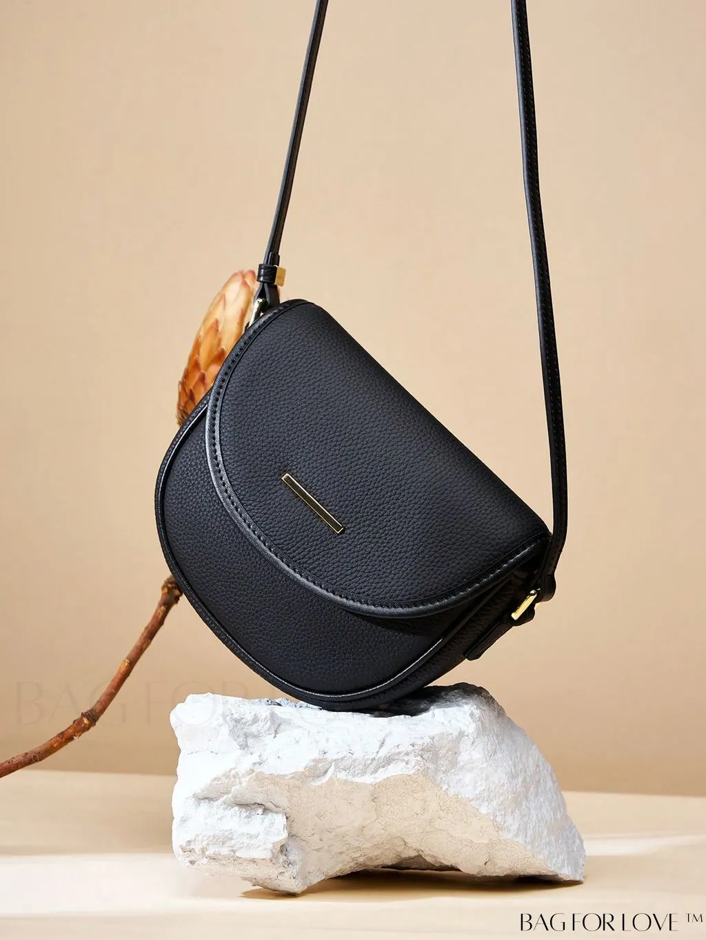 BagForLove - Embossed Genuine Leather Mini Flap Saddle Bag with Metal Decor